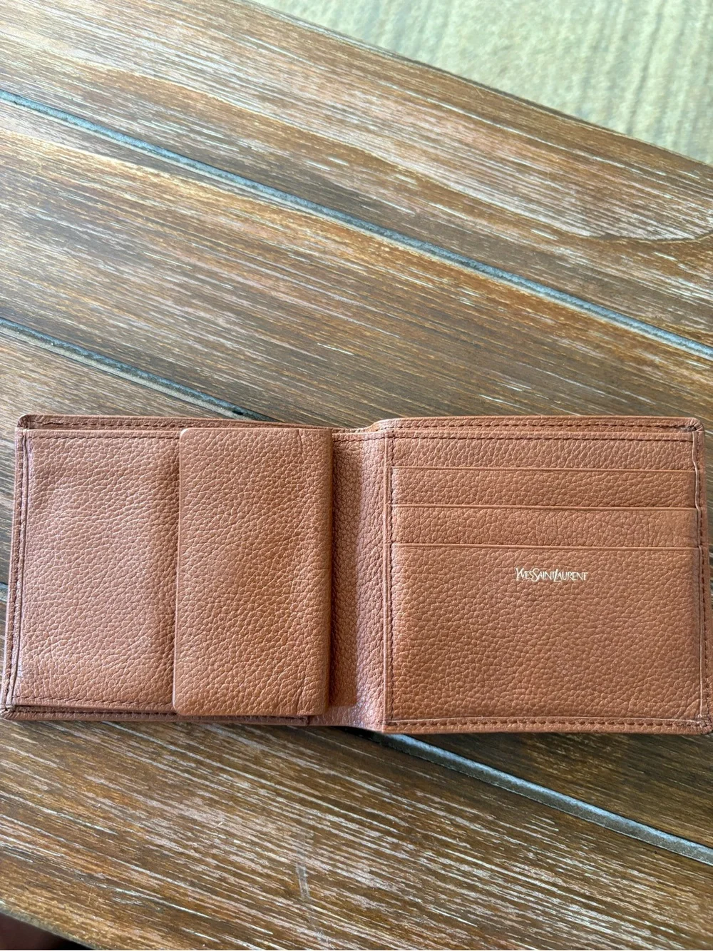 Saint Laurent Tan Pebble Leather Men’s Wallet with YSL Debossing